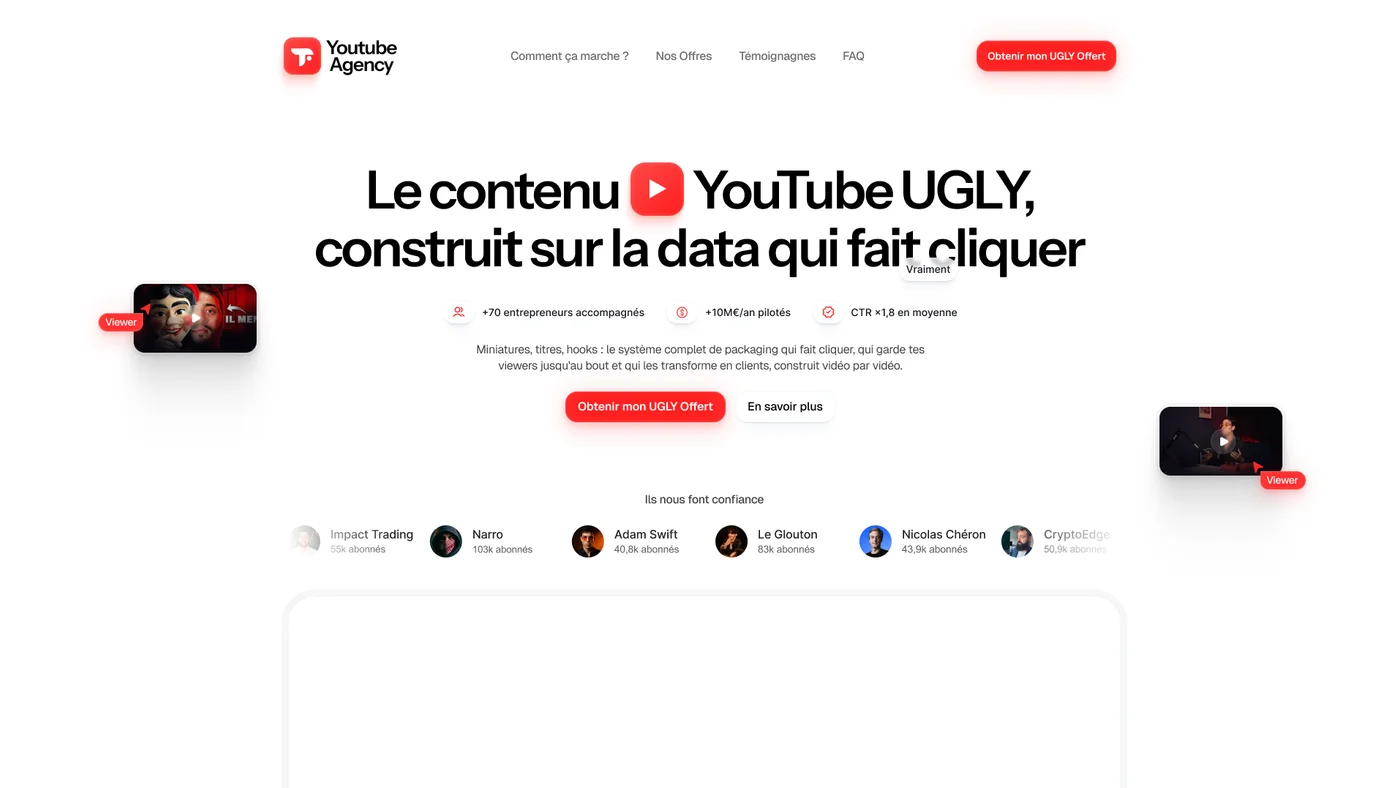 Landing page Youtube Agency conçue par Mevry — Agence de packaging YouTube